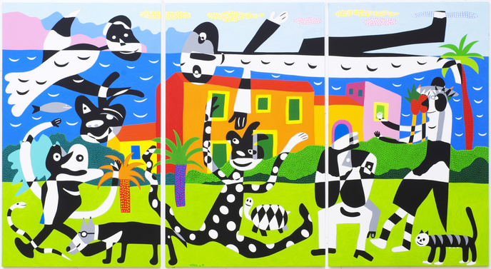 Das Haus von Don Joaquin, Bankier und guter Mensch, umgeben von Gläubigern in Weiß und Schwarz | 2009 | Triptychon, Öl auf Leinwand | © Pere Cortada